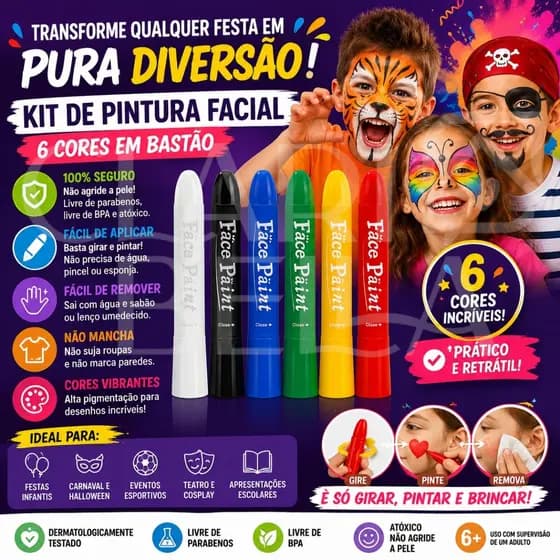 Kit Pintura Facial Infantil 6 Cores Lápis Cera Bastão Lavável Maquiagem Artística Festas
