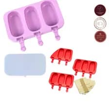 Forma Picolé Caseiro 3 Cavidades com Tampa + 50 Palitos | Molde de Silicone Reutilizável