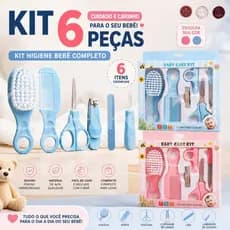 Kit Higiene Bebê 6 ou 10 Peças Completo com Escova Pente Tesoura Cortador Aspirador Nasal Rosa Azul