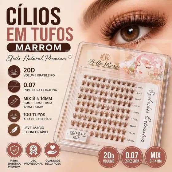 Bella Rosa Cílios Tufinho Volume 20d 0.07 Mix 8 A 14mm Marrom Curvatura Mix  100 Unidades