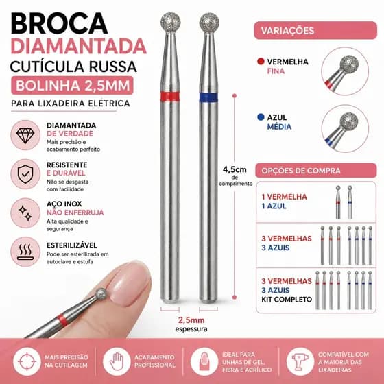 Broca Diamantada Cutícula Russa Bolinha 2,5mm Para Lixadeira Elétrica Unha Gel Fibra Nail Designer com Case
