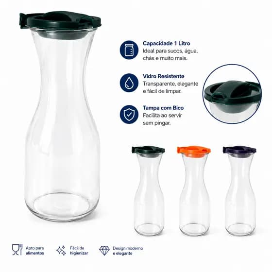 Jarra De Vidro Decanter Suco Leite Vinho Com Tampa 1 Litro