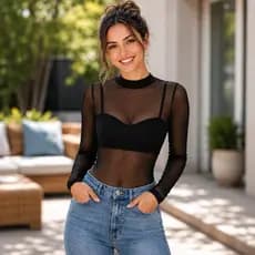 Blusa Tule Manga Longa Feminina Transparente