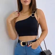 Blusa Cropped Alça Única Toda Forrada Com Fivela Alta Elasticidade e Zero Transparência