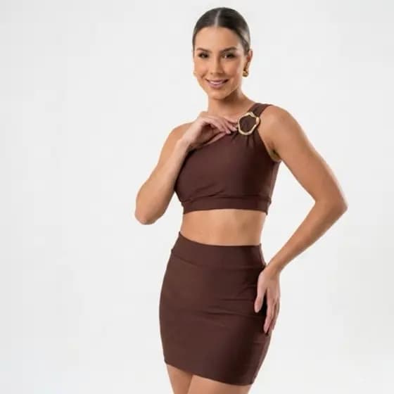 Conjunto Feminino Saia Tubinho e Cropped Um ombro só Todo forrado Zero Transparência