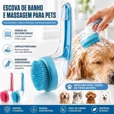Escova de Banho Pet com Reservatório de Shampoo Silicone Macio Massageador para Cães e Gatos Anti Queda de Pelos