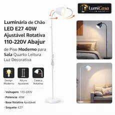Luminária de Chão LED E27 40W Ajustável Rotativa 110-220V Abajur de Piso Moderno para Sala Quarto Leitura Luz Decorativa