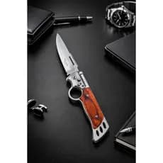 Canivete Automático Esportivo 26cm Saque Rápido Luxo Cabo Madeira Com Lanterna Camping Pesca