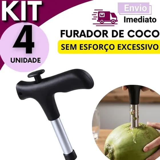 Furador de Coco Inox com Cabo Plástico / Utensílios Domésticos Kit 4, 3, 2 ou 1 Unidade Seguro Higiênico 13x10cm