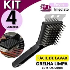 Escova Limpa Grelha Aço para Churrasco Área Gourmet Kit 4, 3, 2 ou 1 Unidade Churrasqueira 12'Com Raspador