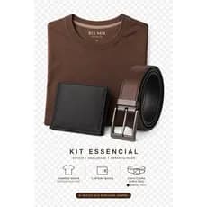 Kit Masculino Dia dos Pais Camiseta Básica+Carteira Slim + Cinto Dupla Face Preto/Marrom