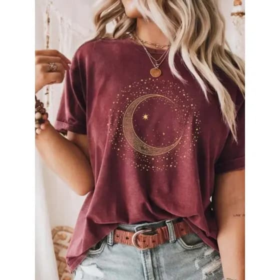 T-shirt Feminina Estilosa Camisa Círculo de Lua  e Estrelas Blusa Feminina Roupa Feminina Elegante