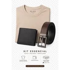 Kit 3 em 1 Dia dos Pais Camiseta Básica + Carteira Slim + Cinto Dupla Face Preto e Marrom Masculino