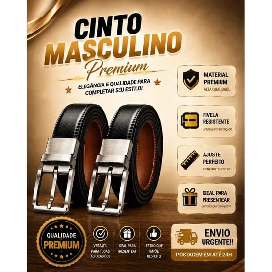 Cinto Masculino Couro Dupla Face Slim Durável e Elegante Reforçado Preto e Marrom