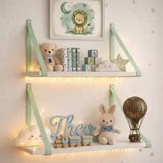Prateleira 45x15 – Kit com 2 Unidades, Alça em Couro Ecológico Verde, Decorar, Organizar Quarto Bebê