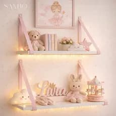 Prateleira 45 x 15 – Kit 2 Unidades, Alça Couro Ecológico Rosa, Decoração, Quarto Bebê. Envio Rápido