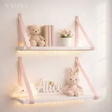 Kit Prateleira 45 x 15 – Kit com 2 Unidades, Alça em Couro Ecológico Rosa, Decoração, Quarto Bebê
