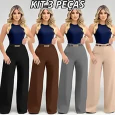 Kit 3 Calça Pantalona Alfaiataria Feminina Social Premium Com Cinto Bolso e Ziper Lateral PROMOÇÃO