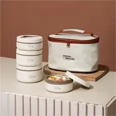 Recipiente térmico portátil multifuncional de aço inoxidável 304, com vedação e design redondo, ideal para almoço.
