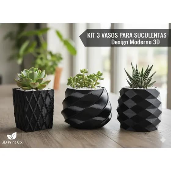Kit 3 Vasos Decorativos Para Suculentas e Cactos - Design Moderno Geométrico 3D - Preto Minimalista