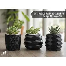 Kit 3 Vasos Decorativos Para Suculentas e Cactos - Design Moderno Geométrico 3D - Preto Minimalista