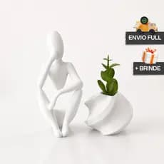 Kit Pensador Vaso Decorativo COM Planta Artificial + Escultura Pensador + Presente Decoração Minimalista Elegante