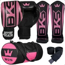 Kit Luva Boxe 8/10/12/14/16oz Kickboxing Muay Thai BKS + Caneleira + Bolsa Espaçosa + Bandagem 3m