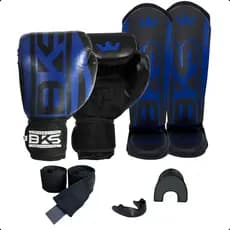 Kit BKS 4 em 1 Luva Boxe 8/10/12/14/16oz Kickboxing Muay Thai Sparring Treino + Caneleira EVA + Bucal + Bandagem 3m