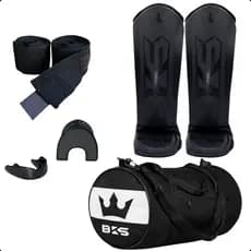 Kit BKS Kickboxing Muay Thai MMA Sparring Treino Bolsa + Caneleira + Protetor Bucal Moldável + Bandagem 3m ou 5m