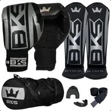 Kit BKS Luva Boxe 8/10/12/14/16oz Kickboxing Muay Thai + Caneleira + Bolsa + Bandagem 3m + Bucal