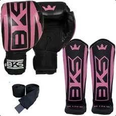 Kit Luva De Boxe BKS Kickboxing Muay Thai + Caneleira + Bandagem Elástica 3 metros 8/10/12/14/16oz
