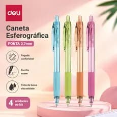 Kit 4 Canetas de Óleo Deli Ponta Redonda 0,7mm Azul Escrita Suave Escolar e Escritório