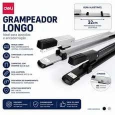 Grampeador de Braço Longo Deli até 20 Folhas 24/6 e 26/6 com Base Ajustável para Encadernação e Grampeamento Centra