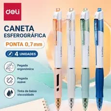 Kit 4 Caneta Deli 0.7mm Tinta Azul Pegada Confortável Escrita Macia Escritório Escolar