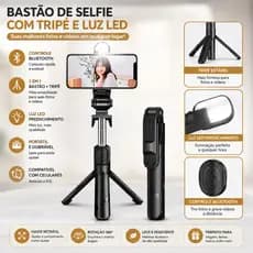 Selfie Stick Tripé 2 em 1 com Controle Remoto e Luz LED - Para Fotos e Vídeos em Grupo