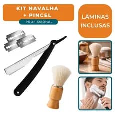 Navalha e Pincel de Barbear Profissional Barbeiro Com Laminas Inox Acabamento