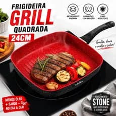 Frigideira Grill Quadrada 24cm Antiaderente Stone Red Point Indução Cabo Resistente Premium