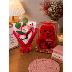 Kit Presente Dia das Mães/Dia dos Namorados Buquê Rosa Vermelha Artificial + Ursinho Fofo