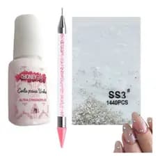 Kit Cola De Unhas + Strass Para Decoração + Caneta Nail Art