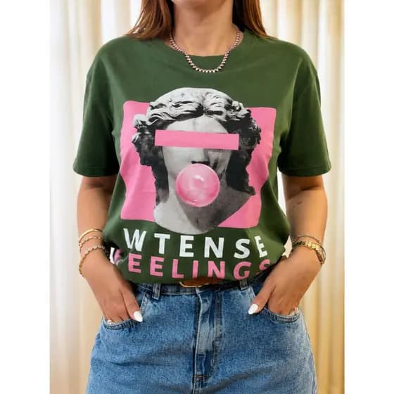 Camisetas Estampada Verde Estilo Despojada Feminina Material 100% Algodão P ao GG