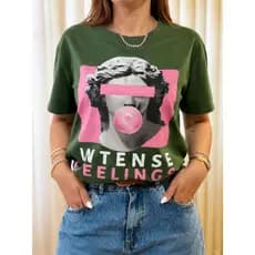 Camisetas Estampada Verde Estilo Despojada Feminina Material 100% Algodão P ao GG