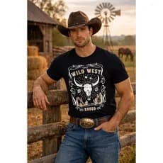 Camiseta Clássica Masculino Rodeio Country Estilosa Festa Peão Material 100% Algodão Tamanho P ao G