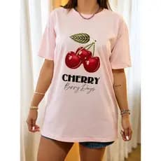 Camiseta Rosa Bebê  Feminina Despojada Estampada Cereja Estilosa  – Do P ao GG | Tecido Premium Confortável Algodão