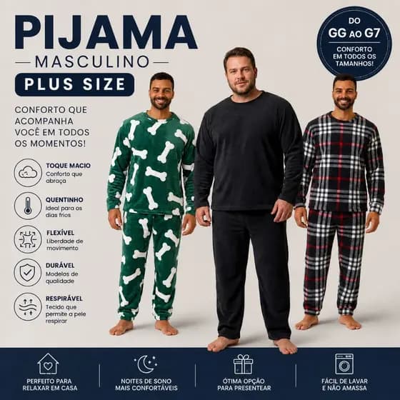 Pijama Plus Size Masculino Soft Quentinho Inverno Liso E Estampado