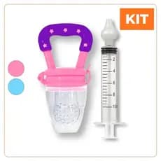Kit Mordedor Chupeta Alimentadora Porta Frutas + Lavador Nasal Seringa com Bico Macio de Silicone