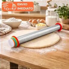 Rolo de Massa Inox Altura Ajustável com Medidas Profissional para Confeitaria, Pizza, Pão e Cozinha