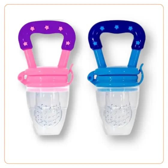 Mordedor Chupeta Alimentadora Bebê Silicone Porta Frutas Dentição Introdução Alimentar Azul e Rosa