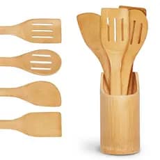 Kit Utensilios de Cozinha de Bambu Colher De Pau (4 talheres + suporte) Casa Colheres Madeira