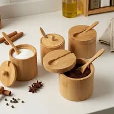 Potes de Mantimentos Com Colher E Tampa Madeira Bambu - Açúcar, Sal ,Temperos, Café, Chá