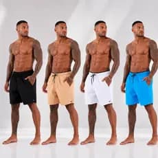 kIT 4 Short Bermuda Masculina Tactel com Elastano Cós Elástico Cordão Ajustável Bolsos Praia Verão
